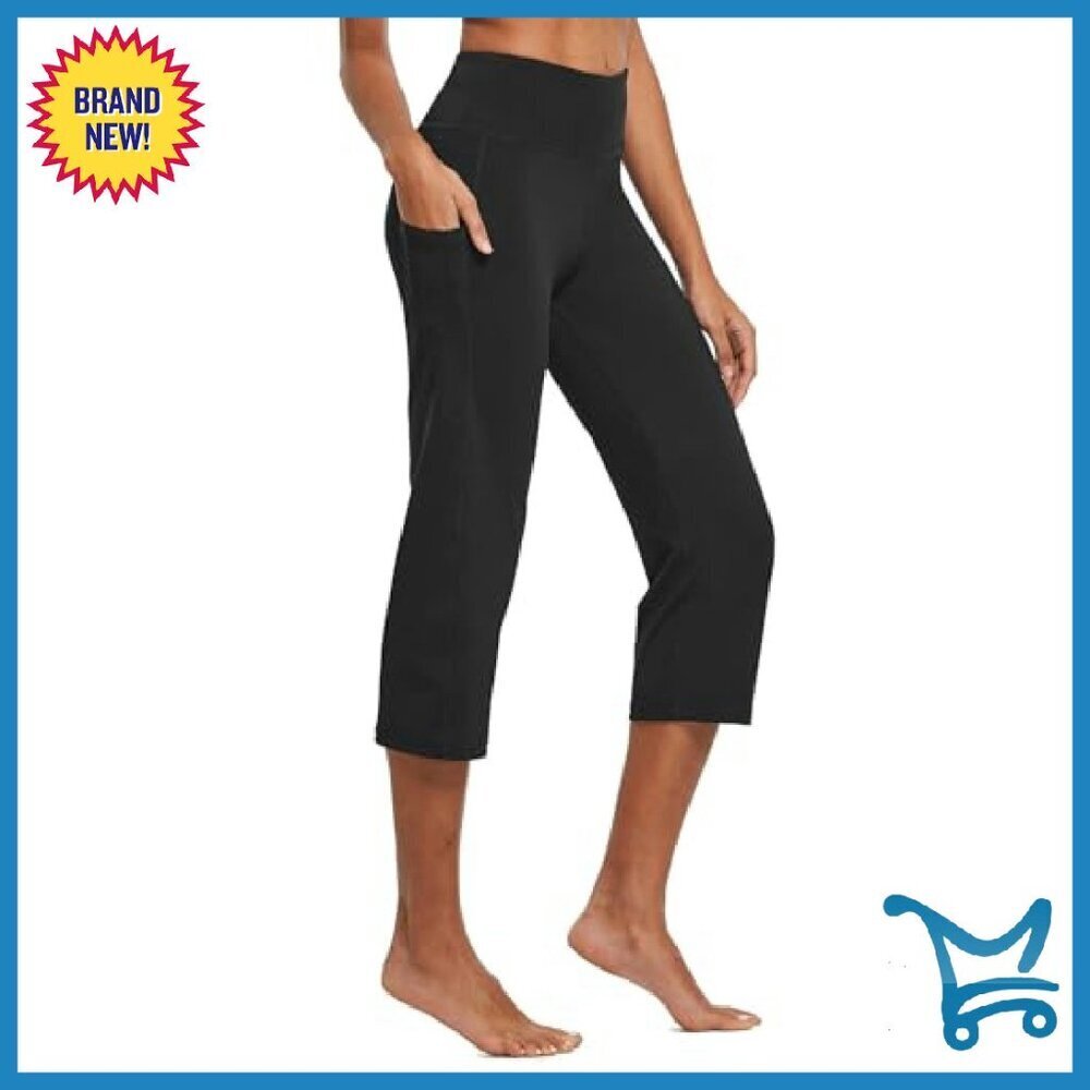 High Waist Yoga Capri Pants with Pockets Wide Leg Workout Crop - Picture 3 of 8